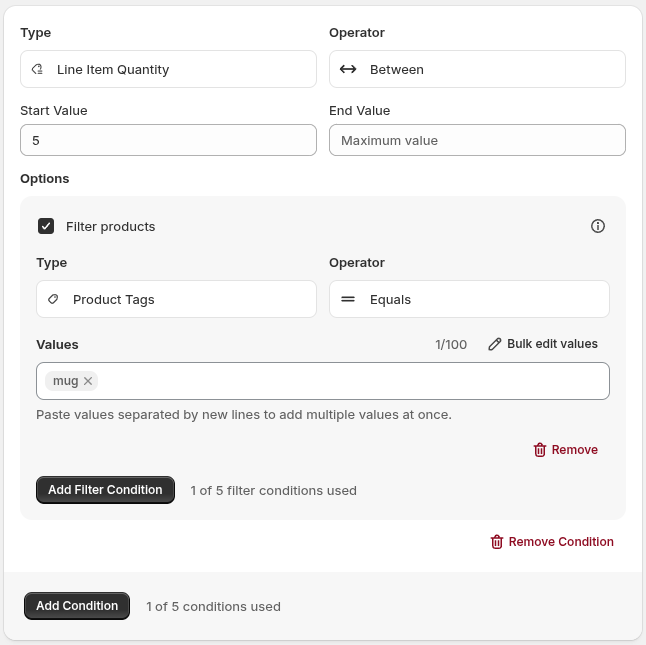 A Line Item Quantity condition filtered to products with the mug tag.