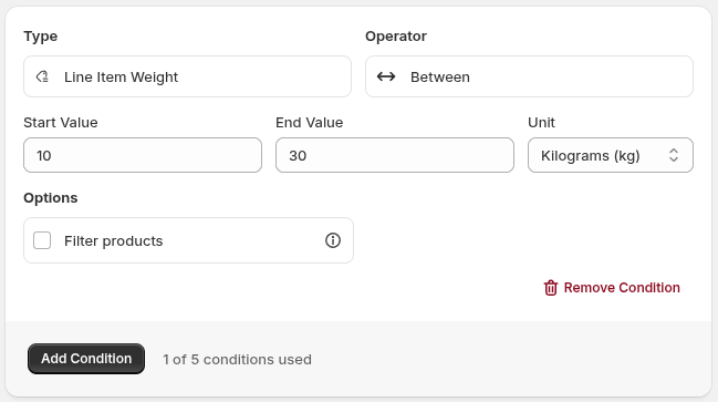 A Line Item Weight condition showing Between values and a Kilograms unit selector.