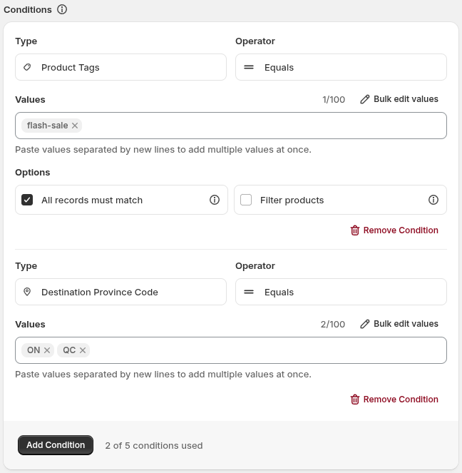 Multiple conditions are shown - one for a product tag and another for the province code.