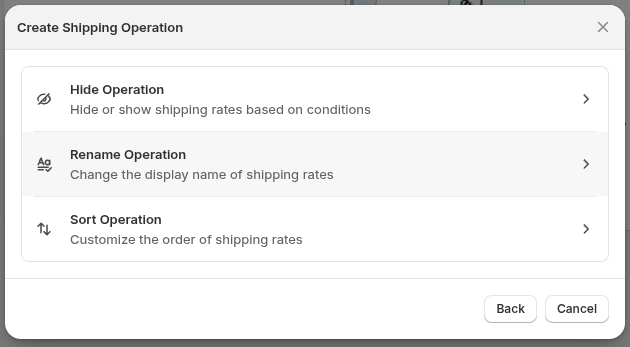 The Create Shipping Operation modal showing Hide, Rename, and Sort operation types.