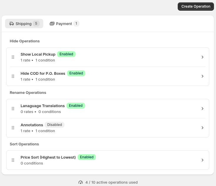 Screenshot: The Home page showing the Shipping and Payment tabs, grouped operations, and the active-operation counter.