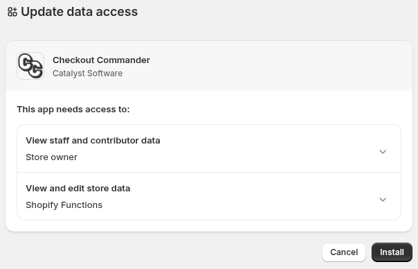 Shopify's Checkout Commander installation screen showing the requested permissions and Install button.