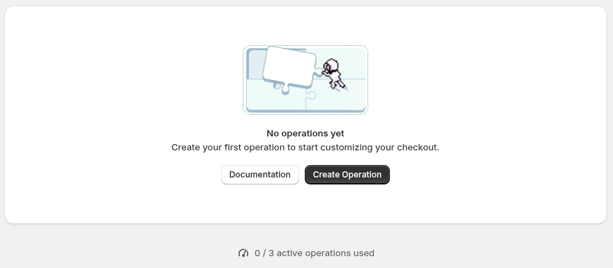 The empty Checkout Commander operations page with the Create Operation button and active operation allowance.