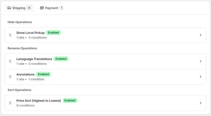 Screenshot: The Home page showing separate Hide, Rename, and Sort groups and a same-group drag reorder