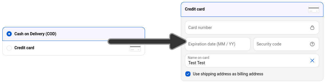 Side-by-side payment methods in a checkout - the first shows Cash on Delivery, the second does not.