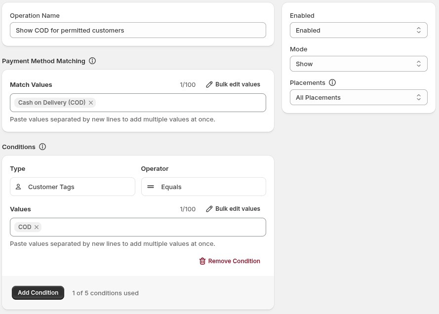 A current payment operation form showing Enabled, Operation Name, the operation-specific settings, Conditions, and Save.