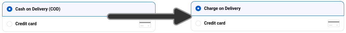 Two payment methods in the checkout are shown before and after renaming Cash on Delivery to Charge on Delivery