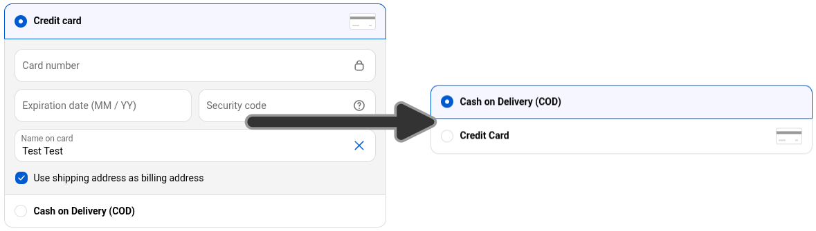  Before and after screenshtos of two payment methods with a Cash on Delivery method moving from second to first position