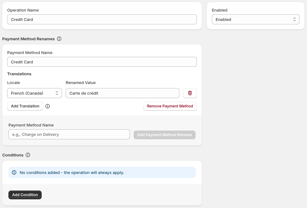 A payment rename operation showing the Payment Method Renames section with Payment Method Name and Translations.