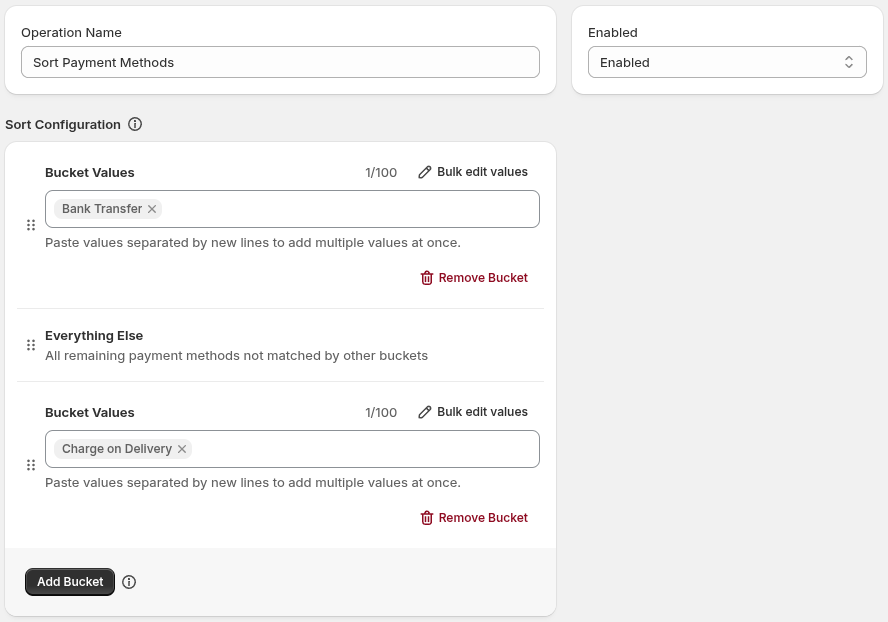 A payment sort operation showing custom priority buckets and the Everything Else bucket.