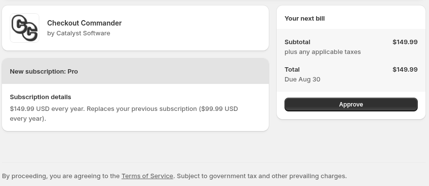 The plan activation screen showing an annual upgrade to Pro, the next bill, and an Approve button.