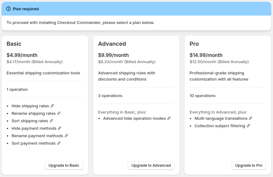 Checkout Commander plan selection showing Basic, Advanced, and Pro with Upgrade to Basic, Upgrade to Advanced, and Upgrade to Pro actions.