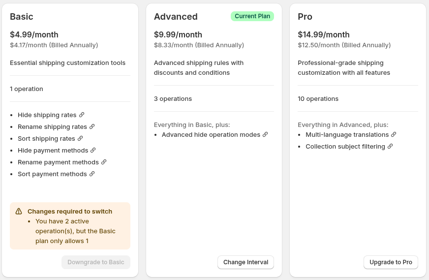 The Manage plan page showing Advanced as the Current Plan, a greyed-out Basic action with a Changes required to switch explanation, and an Upgrade to Pro action.