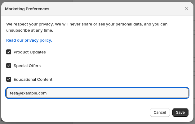 The Checkout Commander Marketing Preferences dialog with topic checkboxes, email address, and Save button.