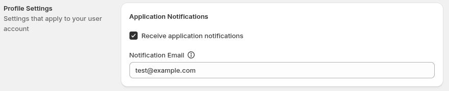 Checkout Commander Profile Settings showing Application Notifications and Notification Email.