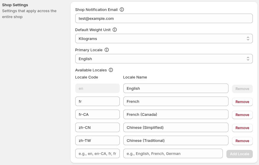 Checkout Commander Shop Settings showing notification email, weight unit, primary locale, and available locales.