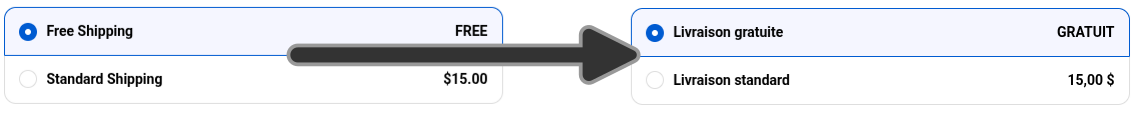 Two shipping rates in the checkout are shown before and after translation to french.
