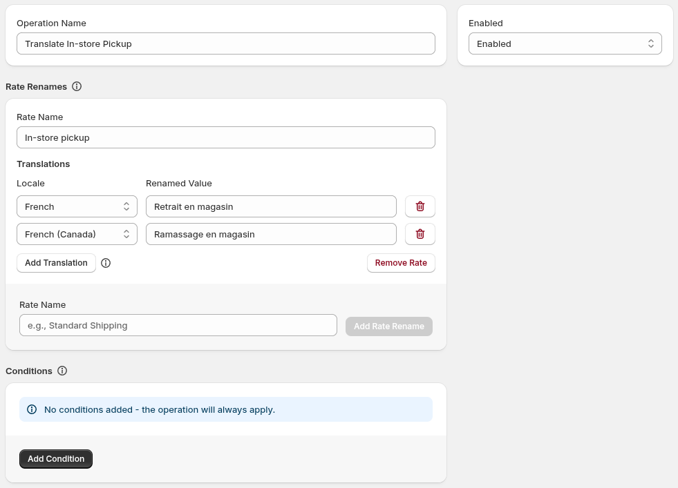 A shipping rename operation showing Rate Name and translation entries for French and French Canada.