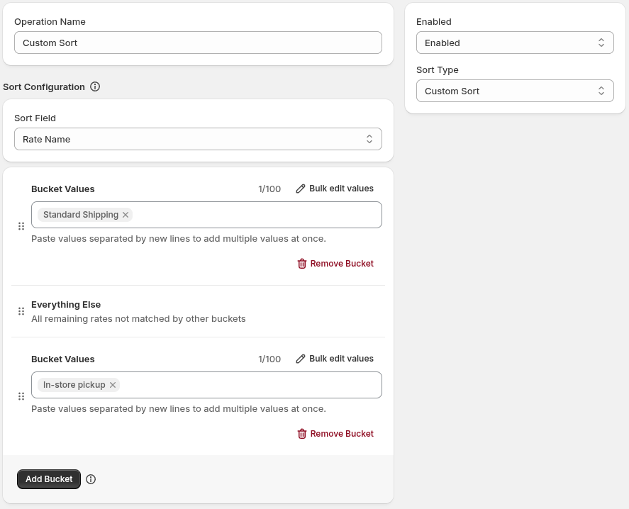 A shipping custom sort operation showing priority buckets for shipping rates, Everything Else, and In-store Pickup.