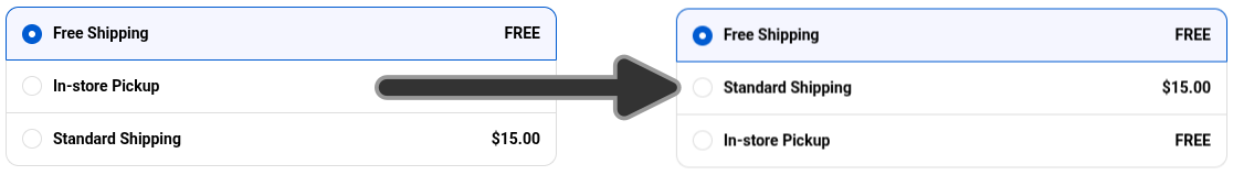 Before and after screenshots of three shipping rates with an In-store Pickup rate moving from the second to third position