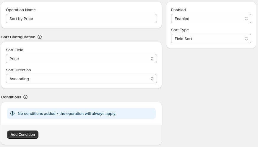A shipping sort operation showing Sort Type and Sort Configuration with Field Sort selected.