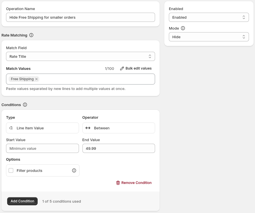 Screenshot: The completed Hide shipping rates operation for the first-operation tutorial, including Enabled, Mode, Rate Title or Service Code matching, Match Values, Conditions, and Save.